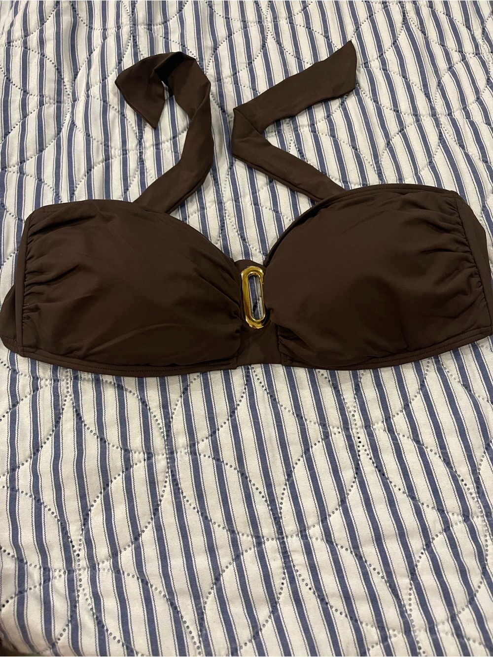 Michael Kors Black Swim Top with Brown Trim and Gold Tag